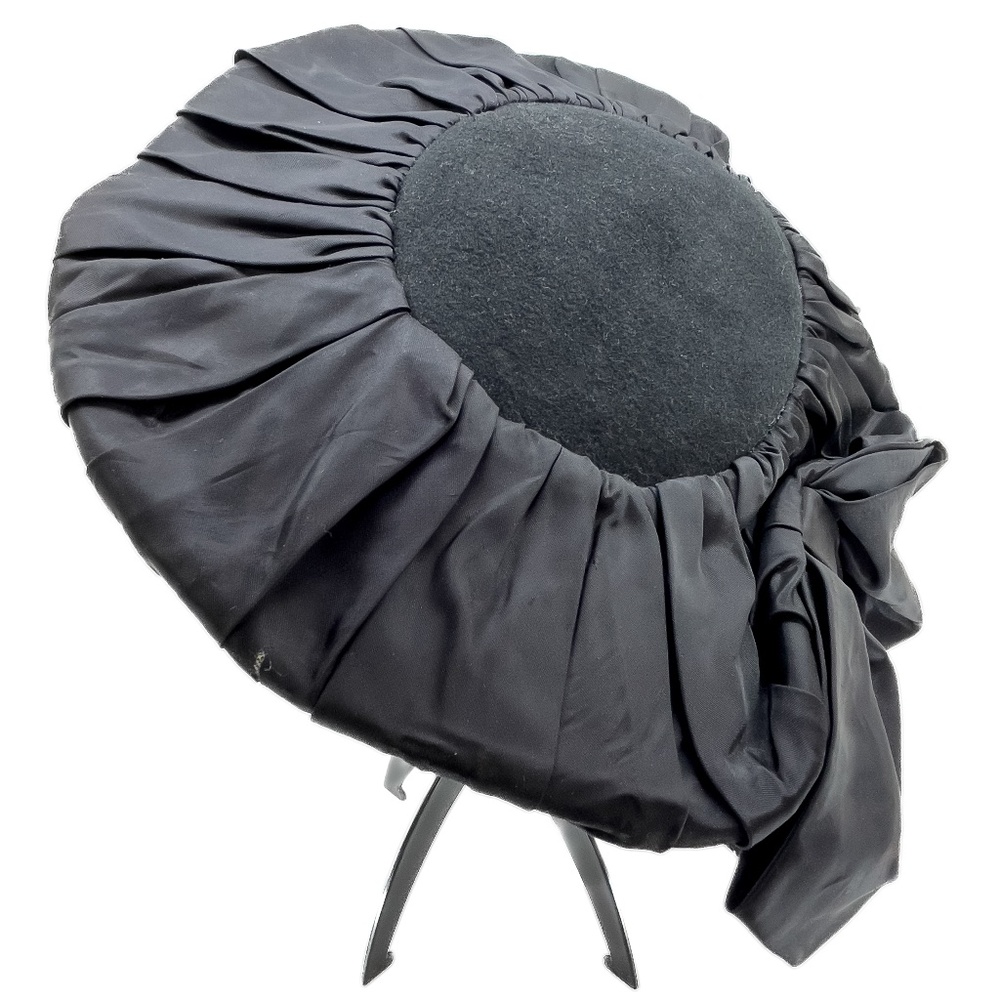 Vintage Black Wool and Pleated Satin Hat with Bow